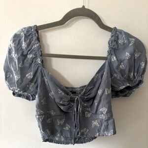 Spring blue crop top, short sleeve with white butterfly decals